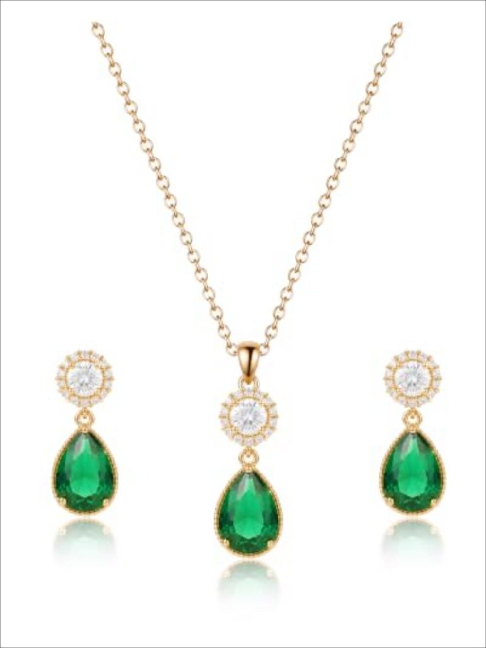 Teardrop Pendant Necklace and Dangle Earrings Set, 14K Gold Plated, Emerald